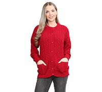 LUXFAB Women’s Cable Knit Crew Neck Cardigan - Ladies Knitted Aran Style Sweater with Front Pockets & Button Up Long Sleeve Classic Winter Knitwear UK Red