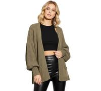 LUXFAB Women’s Oversized Balloon Sleeve Short Pockets Knitted Party Wear Cardigans Ladies Open Front Chunky Two Pockets Long Sleeve Cable Knitted Cardigans UK 8 to 18 Mocha