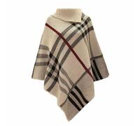 LUXFAB Womens Check Printed Poncho Ladies Stretch Knitted Collared Cape Wrap Shawl Jumper Poncho Top Stone