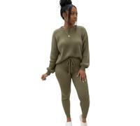 LUXFAB Women's Chunky Knit Lounge Set - Ribbed 2-Piece Tracksuit | 100% Acrylic Winter Loungewear | Crew Neck Top & Joggers | Sizes S-XXL (Khaki, 8-10)