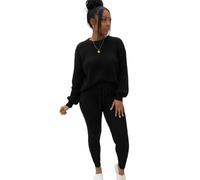 LUXFAB Women's Chunky Knit Lounge Set - Ribbed 2-Piece Tracksuit | 100% Acrylic Winter Loungewear | Crew Neck Top & Joggers | Sizes S-XXL (Black, 8-10)