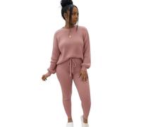 LUXFAB Women's Chunky Knit Lounge Set - Ribbed 2-Piece Tracksuit | 100% Acrylic Winter Loungewear | Crew Neck Top & Joggers | Sizes S-XXL (Dusty pInk, 8-10)