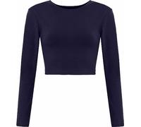 LUXFAB Womens Crop Long Sleeve T Shirt Ladies Short Plain Basic Round Neck Shirts Top 8-14 Navy