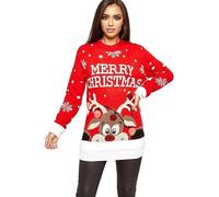 LUXFAB Women's Knitted Merry Christmas Long Sleeve Xmas Tree Ladies Pom Jumper 8-24 Red