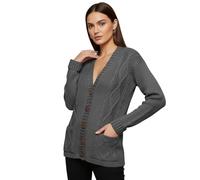 LUXFAB Womens Long Sleeve Button Top Cardigan Chunky Aran Cable Knit Grandad Style Sweater Everyday Casual Warm Knitted Ladies Cardigan UK Sizes 8-26 Charcoal