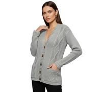 LUXFAB Womens Long Sleeve Button Top Cardigan Chunky Aran Cable Knit Grandad Style Sweater Everyday Casual Warm Knitted Ladies Cardigan UK Sizes 8-26 Silver Grey