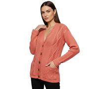 LUXFAB Womens Long Sleeve Button Top Cardigan Chunky Aran Cable Knit Grandad Style Sweater Everyday Casual Warm Knitted Ladies Cardigan UK Sizes 8-26 Coral