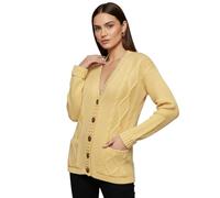 LUXFAB Womens Long Sleeve Button Top Cardigan Chunky Aran Cable Knit Grandad Style Sweater Everyday Casual Warm Knitted Ladies Cardigan UK Sizes 8-26 Yellow