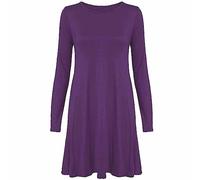 LUXFAB Womens Plain Long Sleeve Stretch A Line Skater Dress - Flared Swing Tunic Top - Plus Size Casual T-Shirt Dress UK Sizes 8-26 Lightweight Stretch Purple
