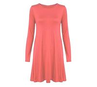 LUXFAB Womens Plain Long Sleeve Stretch A Line Skater Dress - Flared Swing Tunic Top - Plus Size Casual T-Shirt Dress UK Sizes 8-26 Lightweight Stretch Coral