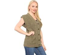 LUXFAB Women's Sleeveless Cable Knit Cardigan - Girl’s 5 Button Grandad Vest | Chunky Knit Waistcoat | Winter Layering Piece | Casual Knitted Sweater Top Khaki