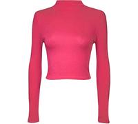LUXFAB Womens Turtle Neck Crop Ladies Long Sleeve Plain Polo Short Stretch Top Sizes 8-14 (12 14, Cerise)