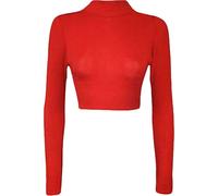 LUXFAB Womens Turtle Neck Crop Ladies Long Sleeve Plain Polo Short Stretch Top Sizes 8-14 (12 14, Red)