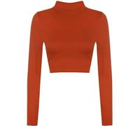 LUXFAB Womens Turtle Neck Crop Ladies Long Sleeve Plain Polo Short Stretch Top Sizes 8-14 (12 14, Rust)