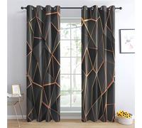 Luxfieo Geometric Blackout Curtains for Living Room Bedroom - 90 Inch Drop Curtains 66x90, Grey And Gold Modern Patterned Window Treatments, Thermal Eyelet Drapes 2 Panels Q#169