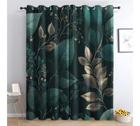 Luxfieo Green Leaf Blackout Curtains for Living Room Bedroom - 90 Inch Drop Curtains 90x90, Emerald Green and Gold Leaves Botanical Patterned Window Treatments, Thermal Eyelet Drapes 2 Panels