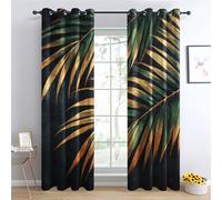 Luxfieo Palm Leaf Blackout Curtains for Living Room Bedroom - 54 Inch Drop Curtains 66x54, Green and Gold Tropical Leaves Patterned Window Treatments, Thermal Eyelet Drapes 2 Panels U#347