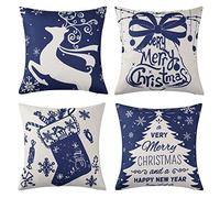 LuxFocus Christmas Throw Pillow Covers 18x18, Blue Cotton Linen Throw Pillows Set of 4, Snowflake Christmas Tree Pillow Covers for Couch Home Decoration 18 x 18 Inch, 4 Pack
