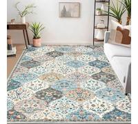 LuxFocus Machine Washable Area Rug 120x170cm, Vintage Floral Rug with Regular Diamond Arrangement, Non-Slip Low Pile Carpet for Living Room Bedroom Office, Blue Camel