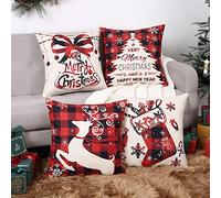 LuxFocus Red Christmas Cushion Covers 18x18 Set of 4 Farmhouse Christmas Decorations Merry Tree Joy Let It Snow Winter Holiday Decor Throw Cushion Case for Home Couch 45 * 45cm
