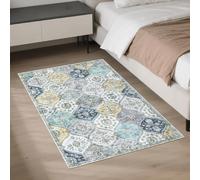 LuxFocus Small Area Rug 80x150cm for Entryway, Vintage Runner Rug for Bedroom, Non Slip Washable Door Mat, Foldable Indoor Carpet for Kitchen, Blue Yellow