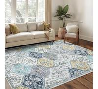 LuxFocus Vintage Living Room Rug 200x290 cm Moroccan Low Pile Blue Yellow | Washable Area Rug for Bedroom Dining Room Office, Floral Boho Carpet, Traditional Oriental Design, Non Slip Ultra-Thin