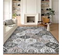 LuxFocus Vintage Living Room Rug 200x290 cm Moroccan Low Pile Grey Brown | Washable Area Rug for Bedroom Dining Room Office, Floral Boho Carpet, Traditional Oriental Design, Non Slip Ultra-Thin