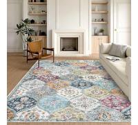LuxFocus Vintage Living Room Rug 200x290 cm Moroccan Low Pile Yellow Purple | Washable Area Rug for Bedroom Dining Room Office, Floral Boho Carpet, Traditional Oriental Design, Non Slip Ultra-Thin