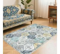 LuxFocus Washable Bedroom Rug 80x150 cm, Vintage Floral Bedside Rug, Oriental Non-Slip Low Pile Carpet, Blue Yellow