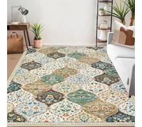 LuxFocus Washable Boho Rug Living Room 120x170 cm Non Slip Low Pile Beige | Moroccan Rug for Bedroom Dining Room Office, Vintage Floral Carpet, Traditional Oriental Design, Ultra-Thin, Print Pattern