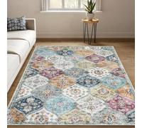 LuxFocus Washable Boho Rug Living Room 120x170 cm Non Slip Yellow Purple | Moroccan Rug for Bedroom Dining Room Office, Vintage Floral Low Pile Carpet, Traditional Oriental Design, Ultra-Thin