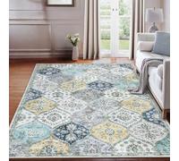LuxFocus Washable Vintage Area Rugs 120x170cm, Traditional Living Room Rug, Non-Slip Floral Print Carpet for Bedroom, Foldable Short Pile Indoor Mat for Dining Room, Blue Yellow