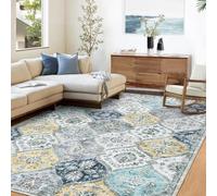 LuxFocus Washable Vintage Area Rugs 160x230cm, Large Traditional Living Room Rug, Non-Slip Floral Print Carpet for Bedroom, Foldable Short Pile Indoor Mat for Dining Room, Blue Yellow