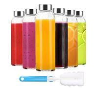 Luxfuel Clear Glass Bottles with Lids 18 oz, Reusable Glass Water Bottles with Stainless Steel Cap for Juicing, Refrigerator,100% Leak Proof, BPA Free, Juice Glass Set of 6