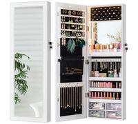 LUXFURNI 79 LED Lights Jewellery Armoire with Mirror, Full Length Mirror with Storage Wall Mounted or Over Door, Lockable Jewellery Cabinet Storage, White