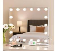 LUXFURNI Hollywood Vanity Mirror with Lights, 60 x 52 cm Light Up Dressing Table Mirror, LED Makeup Mirror with 18 Bulbs for Bedroom, 3 Color Lighting Modes, Tabletop & Wall Mount, USB Charging Port