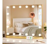 LUXFURNI Hollywood Vanity Mirror with Lights, 60 x 52 cm Light Up Dressing Table Mirror, LED Makeup Mirror with 18 Bulbs for Bedroom, 3 Color Lighting Modes, Tabletop & Wall Mount, USB Charging Port