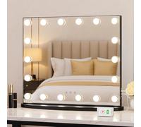 LUXFURNI Hollywood Vanity Mirror with Lights, 60 x 52 cm Light Up Dressing Table Mirror, LED Makeup Mirror with 18 Bulbs for Bedroom, 3 Color Lighting Modes, Tabletop & Wall Mount, USB Charging Port