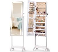 LUXFURNI LED Mirror Jewellery Cabinet Standing Jewellery Armoire, 60" H Full Length Mirror with Storage, 3 Color Modes, 3 Adjustable Angles, Lockable with Keys, White