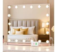 LUXFURNI Vanity Mirror with Lights, 60 x 52 cm Hollywood Mirror, Light Up Makeup Mirror with 18 LED Bulbs for Bedroom, 3 Color Lighting Modes, Tabletop & Wall Mount, USB Charging Port