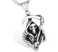 LuxGoth Stainless Steel Death Scythe Grim Pendant Necklace Gothic Punk Rock Emo Biker Cosplay Vintage Reaper Skull Charm Necklace Jewelry for Men Women Silver GTS-N1L110101