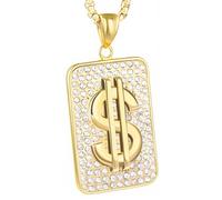 LuxGoth Stainless Steel Dollar Sign Necklace,Rhinestone Fake Gold Money Square Pendant Chain Jewelry for Men Women GTS-N6D66702