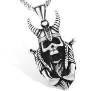 LuxGoth Stainless Steel Goat Horn Devil Skull Pendant Necklace Gothic Punk Rock Emo Biker Cosplay Vintage Viking Helmet Horn Skull Charm Necklace Jewelry for Men Women Silver GTS-N1D61101