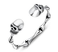 LuxGoth Stainless Steel Skull Bone Cuff Bracelet,Retro Gothic Punk Biker Cool Open Adjustable Double Skull Head Cuff Bangle Bracelets Jewelry for Men Silver GTS-B1B45040