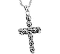 LuxGoth Stainless Steel Skulls Cross Pendant Necklace Gothic Punk Rock Emo Biker Cosplay Vintage Viking Cracked Skull Cross Religious Faith Charm Necklace Jewelry for Men Women Silver GTS-N1L98001