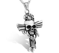 LuxGoth Stainless Steel Spiked Thorns Skulls Cross Pendant Necklace Gothic Punk Rock Emo Biker Cosplay Vintage Skulls Cross Charm Necklace Jewelry for Men Women Silver GTS-N1B42605