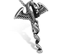 LuxGoth Stainless Steel Winged Dragon Pendant Necklace Gothic Punk Rock Emo Biker Cosplay Vintage Flying Dragon With Black Stone Charm Necklace Jewelry for Men Women Silver GTS-N1B50701