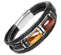 LuxGoth Tiger Eye Black Leather Bracelet Vintage Natural Handmade Gemstone Stone Jewelry with Stainless Steel Three-Layer Leather Rope Braided Cuff Bracelet for Men, One Size, Leather, no gemstone