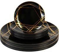 Luxia 20Pcs Elegant Black & Gold Abstract 10 Dinner Plastic Plates and 10 Dessert Plates Set Durable, Reusable Plastic Plate Modern Abstract Design Tableware for Party & Event