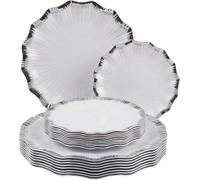 Luxia 20Pcs Elegant Reusable White Plastic Plates Flower with Silver Metallic Edge -10 Dinner Plastic Plates and 10 Dessert Plates Set - Stylish Partyware Tableware for Party & Event